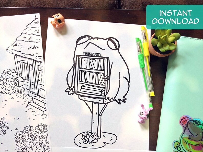 May include: Black and white line art drawing of a frog with a small bookshelf on its back. The bookshelf is labeled "Animal Crossings" and has several books on the shelves. The frog is standing on a wooden post with a lily pad at the base.