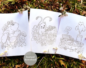 Cottagecore Fantasy Monsters Coloring Sheets - 3 Printable Sheets