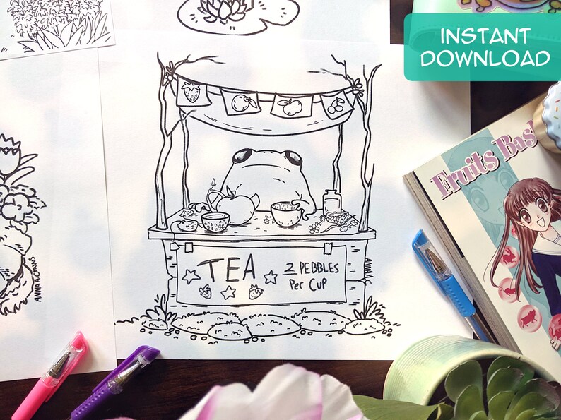 May include: A black and white line drawing of a frog sitting at a tea stand. The stand has a sign that says "TEA 2 PEBBLES Per Cup".