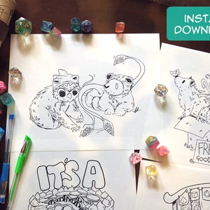 May include: Four black and white printable colouring pages featuring cute animal illustrations. The first page shows a creature with a shark fin on its head. The second page shows a creature with a long tail. The third page shows a creature with a butterfly. The fourth page shows a creature with a sign that says "Free to a good home".