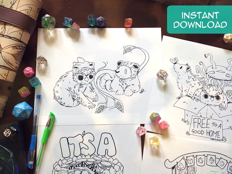 May include: Four black and white printable colouring pages featuring cute animal illustrations. The first page shows a creature with a shark fin on its head. The second page shows a creature with a long tail. The third page shows a creature with a butterfly. The fourth page shows a creature with a sign that says "Free to a good home".