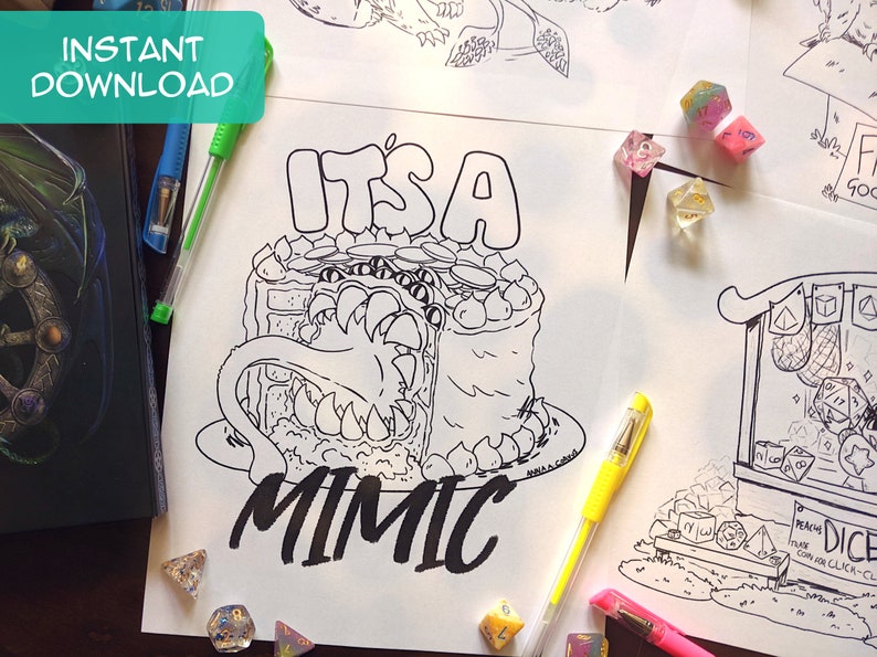 May include: A black and white line drawing of a cake with a monster's face and the text "It's a Mimic".