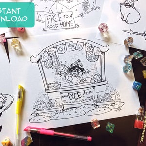 May include: A black and white line drawing of a goblin selling dice at a stall. The goblin is wearing a hat and holding a dice. The stall has a sign that says "Dice! Shiny! Trade coin for click-clack!"