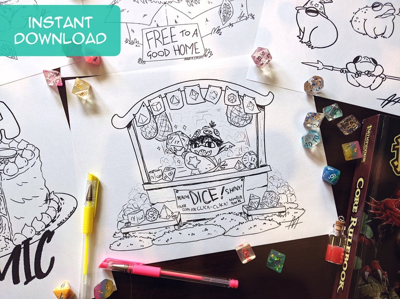May include: A black and white line drawing of a goblin selling dice at a stall. The goblin is wearing a hat and holding a dice. The stall has a sign that says "Dice! Shiny! Trade coin for click-clack!"