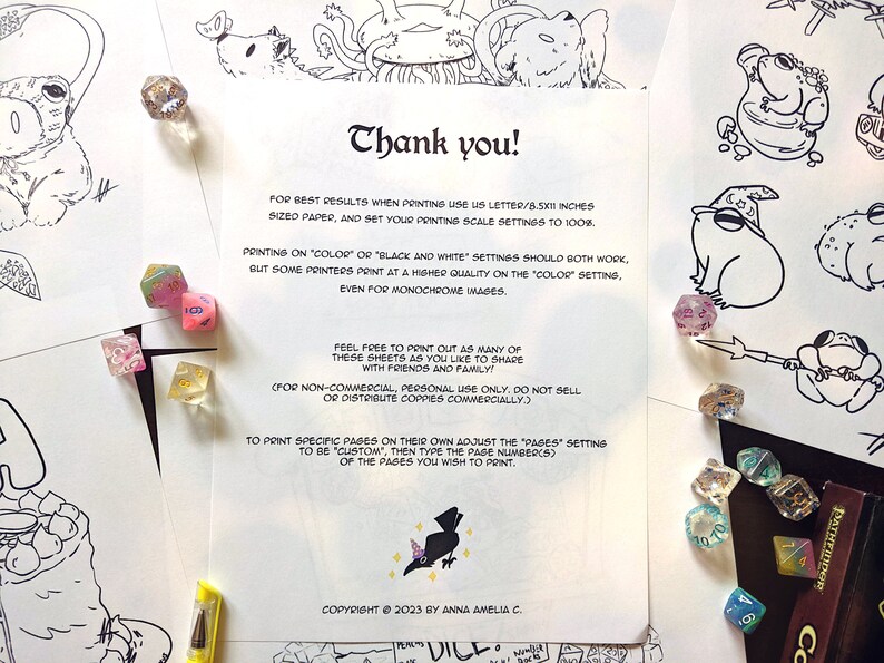May include: A printable colouring book page featuring a frog wearing a wizard hat and holding a staff. The page is surrounded by dice and other colouring pages. The text on the page reads "Thank you!" and includes instructions for printing the pages. The copyright information at the bottom of the page reads "Copyright &copy; 2023 by Anna Amelia C."