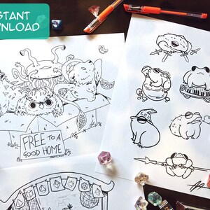 May include: Two black and white printable colouring pages. The first page features a box with a sign that reads "Free to a good home" and several fantastical creatures inside. The second page features several illustrations of frogs in various poses.