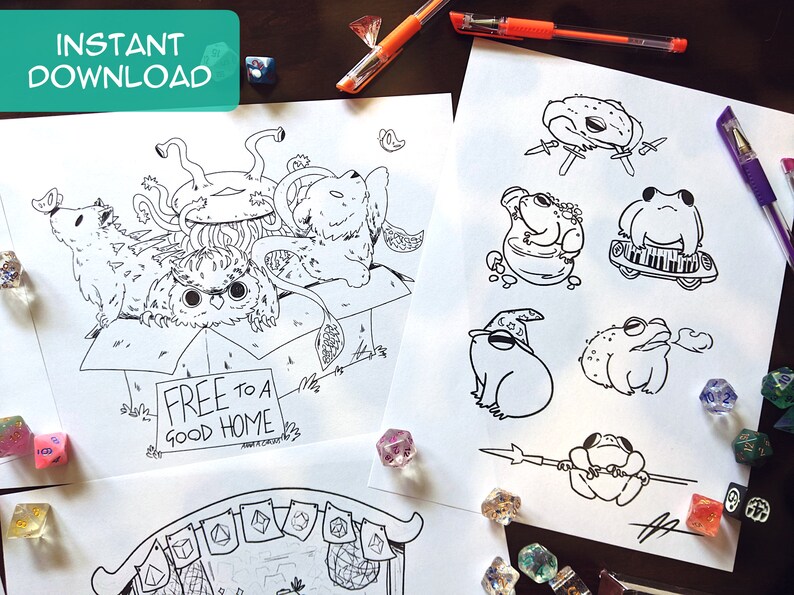 May include: Two black and white printable colouring pages. The first page features a box with a sign that reads "Free to a good home" and several fantastical creatures inside. The second page features several illustrations of frogs in various poses.
