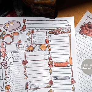 May include: A detailed, illustrated character sheet for a role-playing game, featuring sections for stats, skills, and abilities. The sheet includes hand-drawn elements like a frying pan with eggs, a lantern, and a backpack. The words "Instant download" are also visible.