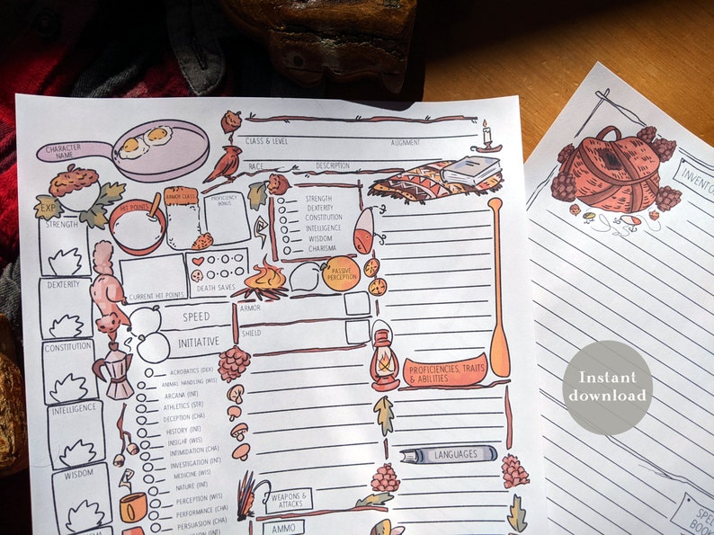 May include: A detailed, illustrated character sheet for a role-playing game, featuring sections for stats, skills, and abilities. The sheet includes hand-drawn elements like a frying pan with eggs, a lantern, and a backpack. The words "Instant download" are also visible.