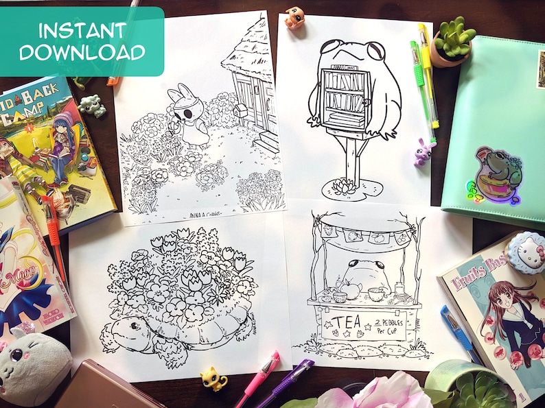 May include: Four black and white printable coloring pages featuring a frog, a turtle, a rabbit, and a frog sitting at a tea stand. The pages are on a table with other items, including a book, a pencil, and a small stuffed animal.
