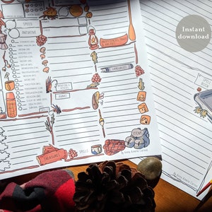May include: Two printable character sheets for role-playing games. One sheet is a detailed character sheet with illustrated icons and text fields. The other is a lined spell book. The words "Instant download" are visible.