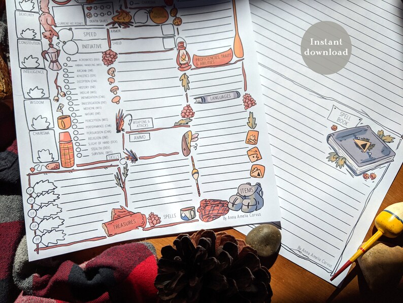 May include: Two printable character sheets for role-playing games. One sheet is a detailed character sheet with illustrated icons and text fields. The other is a lined spell book. The words "Instant download" are visible.