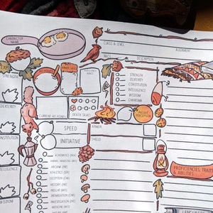 May include: A character sheet for a role-playing game, featuring hand-drawn illustrations and text fields. The sheet includes sections for character name, stats, skills, and abilities, with a whimsical design and a color palette of orange, pink, and brown.