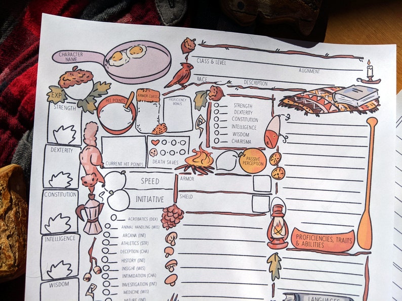 May include: A character sheet for a role-playing game, featuring hand-drawn illustrations and text fields. The sheet includes sections for character name, stats, skills, and abilities, with a whimsical design and a color palette of orange, pink, and brown.