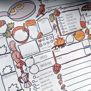 May include: A whimsical, illustrated character sheet for a role-playing game. The design features hand-drawn elements like a frying pan with eggs, a campfire, and various icons for stats such as Strength, Dexterity, and Hit Points. The sheet includes labeled sections for character details.