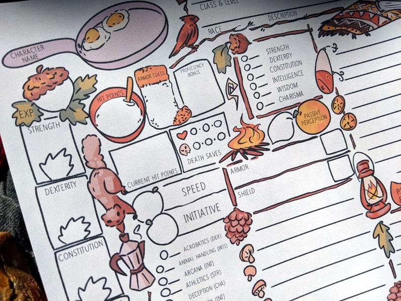 May include: A whimsical, illustrated character sheet for a role-playing game. The design features hand-drawn elements like a frying pan with eggs, a campfire, and various icons for stats such as Strength, Dexterity, and Hit Points. The sheet includes labeled sections for character details.