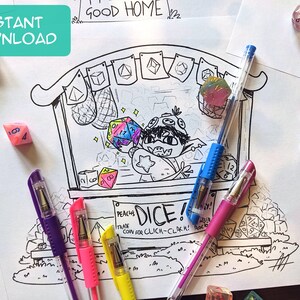 May include: A black and white line drawing of a character selling dice. The character is holding a multi-coloured dice. The drawing is surrounded by colourful dice and pens. The sign reads "Peach's Dice! Trade coin for click-clack!"