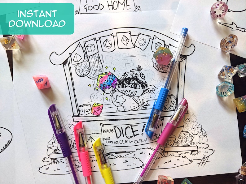 May include: A black and white line drawing of a character selling dice. The character is holding a multi-coloured dice. The drawing is surrounded by colourful dice and pens. The sign reads "Peach's Dice! Trade coin for click-clack!"