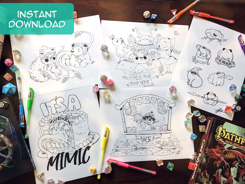 May include: Five black and white printable colouring pages featuring fantasy creatures and objects. The pages include a mimic disguised as a cake, a goblin selling dice, a group of animals in a box, and a frog with a hat. The text on the pages reads "It's a Mimic", "Dice Shop", "Free to a Good Home", and "Instant Download".