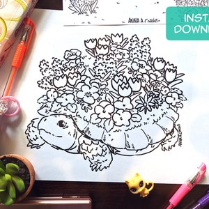 May include: A black and white line drawing of a turtle with a shell covered in flowers. The turtle is facing the left side of the image. The flowers are a variety of shapes and sizes, including tulips, daisies, and other small flowers.