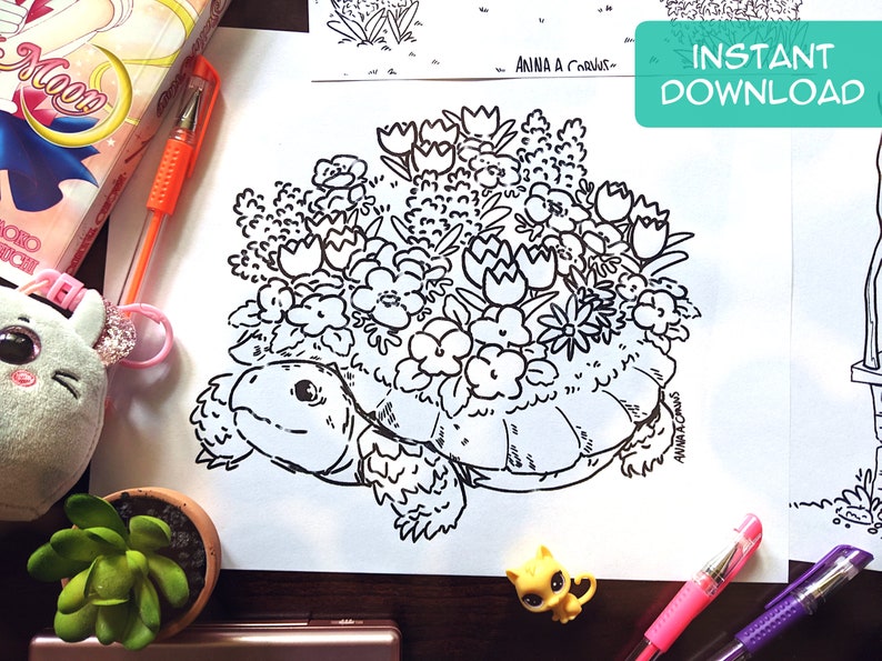 May include: A black and white line drawing of a turtle with a shell covered in flowers. The turtle is facing the left side of the image. The flowers are a variety of shapes and sizes, including tulips, daisies, and other small flowers.
