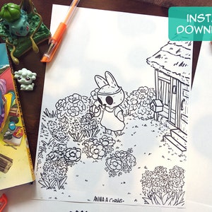 May include: A black and white line drawing of a rabbit watering flowers in a garden. The rabbit is wearing a dress and a hat. There is a small house in the background. The image is titled "Anna A. Crown."