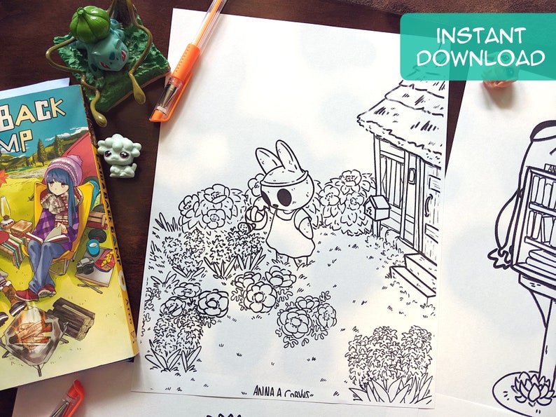 May include: A black and white line drawing of a rabbit watering flowers in a garden. The rabbit is wearing a dress and a hat. There is a small house in the background. The image is titled "Anna A. Crown."