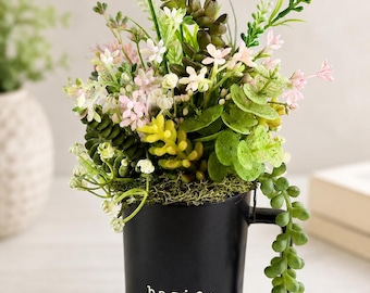 Handmade Faux Succulent Arrangement in Black Mug | Farmhouse Botanical Decor