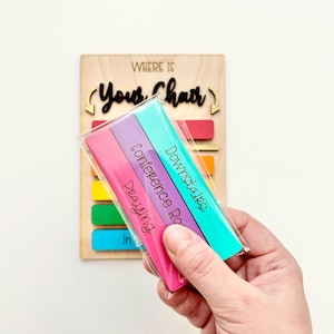 May include: A set of three colorful wooden blocks with the words "Downstairs", "Conference Room", and "Playing" written on them. The blocks are packaged in a clear plastic bag. The words "Where is your chair" are visible on a wooden sign in the background.