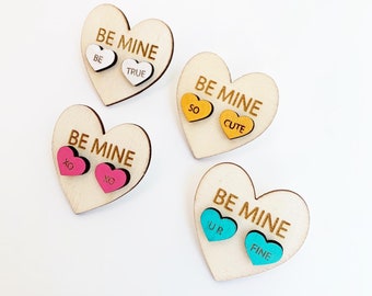 Candy Heart Wood Stud Earrings: Valentine Jewelry - Cute Earrings - Heart Earrings