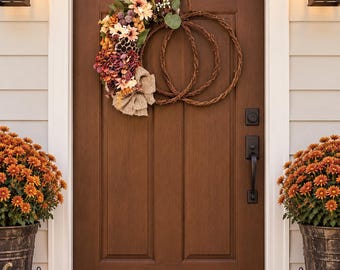 Corona de calabazas y vides para otoño – Decoración artesanal para puertas y paredes.