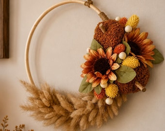 Corona de otoño de flores artificiales y secas de 30 cm / Decoración otoñal para el hogar