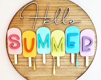Popsicle Summer Wood Door Hanger - Hello Summer Sign, 14 inch
