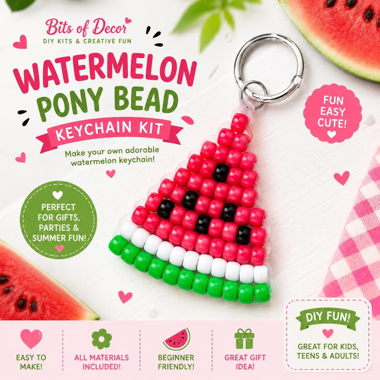 39 Fun Watermelon Crafts for Kids to Break Summer Boredom 36 Watermelon Pony Bead Keychain Kit - DIY Summer Craft for Kids & Adults