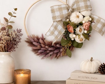 Corona de otoño de 30 cm con flores artificiales y secas / Decoración rústica de otoño para el hogar