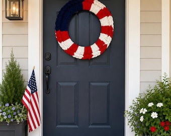 Patriotic Red, White & Blue Crochet Wreath – 18” Handmade Door Decor