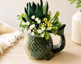 Faux Floral Fish Vase Arrangement – Whimsical Coastal Home Décor
