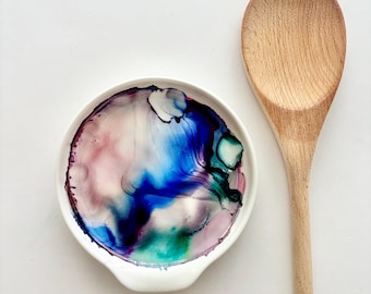 Handpainted Ceramic Spoon Dish – Kitchen Utensil Holder, Tea Bag Rest