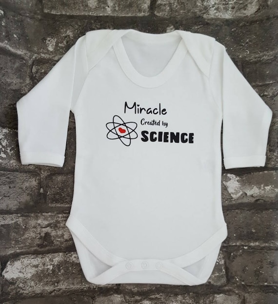 Miracle created by Science Baby Vest Babygrow Bodysuit Baby Shower IVF Baby