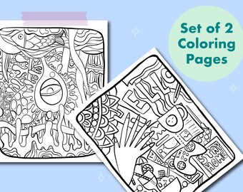 Set of 2 Printable Colouring Pages in hand drawn style, Instant download A4/letter Colouring Pages, Adult Colouring, Stay at home activity
