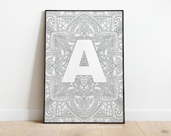A - Z Printable Mandala Alphabet (Letter) Adult Coloring Page - Digital Download (mention which alphabets you want under 'notes to seller')