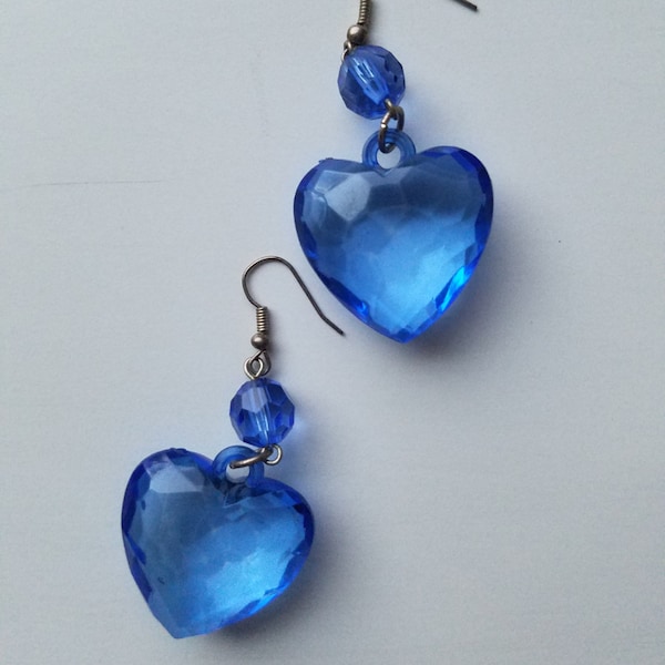 Sapphire Blue Dangle Heart Earrings - Large Statement Heart Bead Earrings - Great for a Hippie Costume!  Wire Hook Closure for Pierced Ears