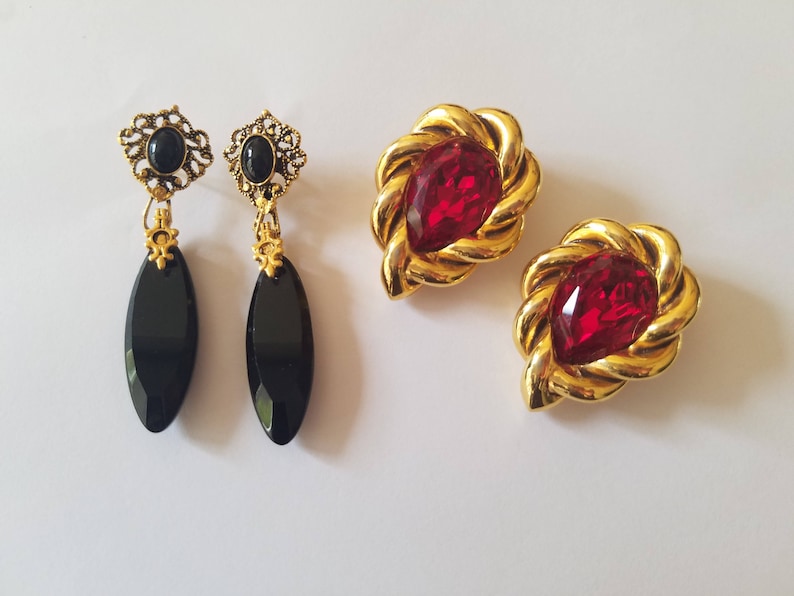 BlackGold Dangles are for Pierced Ears Unique and Antique Stunning and Elegant Vintage Victorian Earrings RedGold are Clip-Ons