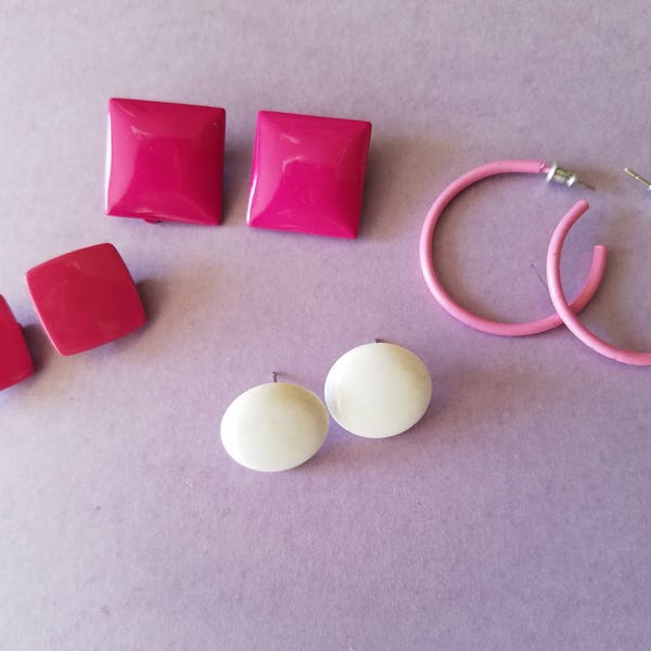 Pink and White 80s / Mod Earrings! Pink Hoop Earrings - White Circle Stud Earrings - 2 Pairs Square Pink Studs - Party Earrings!