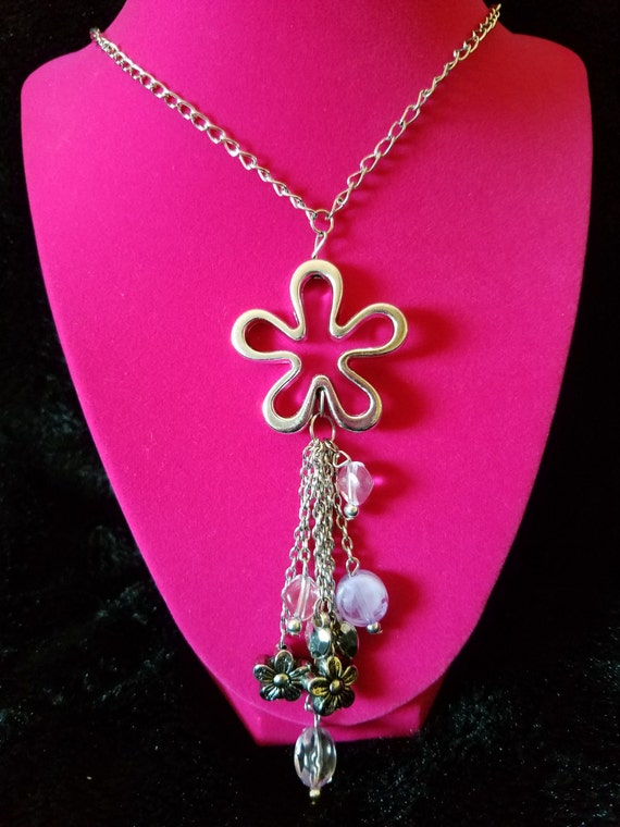 Hippie Flower Charm Necklace - Heart / Flower Cha… - image 1