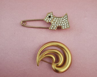 Vintage Stamped Anne Klein Gold Tone Shell / Swirl Brooch Pin - Sparkly Rhinestone / Crystal Dog / Puppy Brooch Pin - Safety Pin Brooch