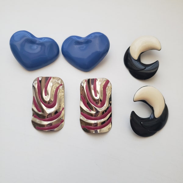 1980s Large Stud Earrings - Pink and Silver Zebra Studs - Large Blue Heart Studs - Black and White Open Ended Studs - Funky / Party Earrings