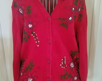 Christmas / Holiday Sweater - Red Sweater - Button Up Sweater - Sequin / Embroidery Sweater - 80s/90s Sweater - Ugly Sweater Party - Vintage