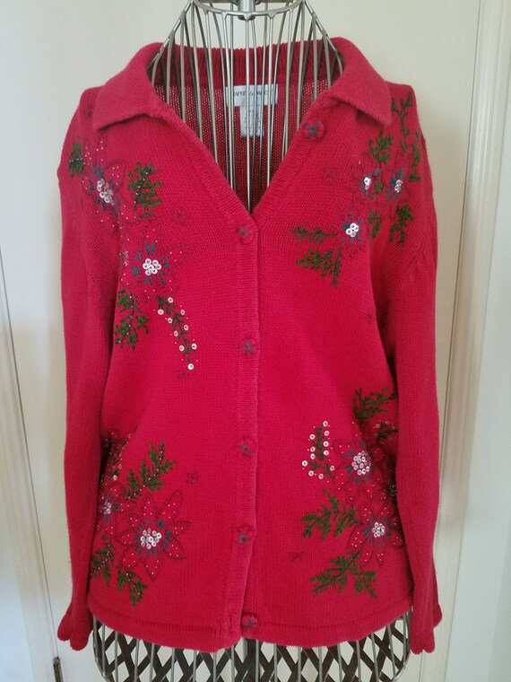 FabFindsFromThePast Christmas / Holiday Sweater - Red Sweater - Button Up Sweater - Sequin / Embroidery Sweater - 80s/90s Sweater - Ugly Sweater Party - Vintage