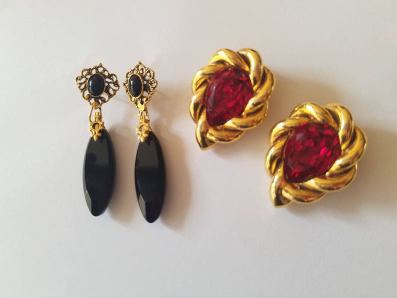 BlackGold Dangles are for Pierced Ears Unique and Antique Stunning and Elegant Vintage Victorian Earrings RedGold are Clip-Ons